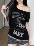 Vevesc Summer Sexy One Shoulder  Y2k Aesthetic T-Shirts Streetwear Vintage Letter Printing Tshirts Harajuku Grunge Oversized Black Tops