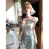 Vevesc Cropped Slash Neck Shirts Women Vintage Elegant Floral Embroidery Blouses Streetwear Korean Sexy Off Shoulder Crop Tops