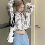 Vevesc New Retro Sweet Cool Tie-dye Knitted Cardigan Female Fall Korean Fashion Streetwear Loose Sweater Short Y2K Tops Women Clothing