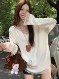 Vevesc Mid Length Lace Patchwork White V Neck Aesthetic Tshirts Long Sleeve Elegant Korean Tees Oversize Women Y2k Hotsweet Camisetas