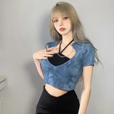 Vevesc Niche Sexy Fashion Moda Two Piece Sets Black Halter Lace Up Tank Tops Y2k Aesthetic Personality High Waist Streetwear Punk Tops