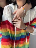 Vevesc Harajuku Y2k Knitted Cardigans Women See Through Oversized Hollow Out Striped Crochet Top Sweaters Aesthetic Streetwear