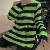 Vevesc Sexy Hollow Out Striped Long Sweaters Punk Gothic Cool Hole Broken Jumpers Over Size Loose Rock Dark  Pullovers Sweaters