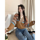 Vevesc Vintage Sweater Women Patchwork Bandage Knitted Pullovers Streetwear V Neck Lace Up Knitwear Harajuku Loose Casual Jumpers