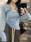 Vevesc  Y2K Korean Fashion Pink Cropped Sweater Women Harajuku Sexy Slim Knitted Jumper Vintage Casual Cardigan+Vest Set Tops