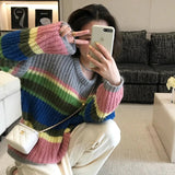 Vevesc Y2K Striped Sweater Women Streetwear Rainbow Patchwork Knitted Jumper Harajuku Korean Oversized Knitwear Pullovers Tops