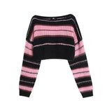 Vevesc Y2K Streetwear Pink Cropped Knitted Sweater Woman Striped Jumper Vintage Female  Autumn Long Sleeve Crewneck Pullovers Tops