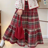 Vevesc Kawaii Vintage Plaid Long Skirt Women Japanese Style Autumn Winter Midi Skirts Red Ruffle Fashion Casual A-line Skirts