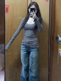 Vevesc American Fashion Popular V Neck Long Sleeve Shirts Y2k Aesthetic Striped Vintage Punk Tops All Match Casual Girl Clothing