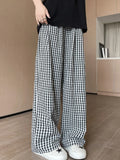 Vevesc  Loose Wide Leg Pants Women Summer New Korean Fashion Lazy Style Casual Plaid Pants Elastic High Waist Straight Women's Pants
