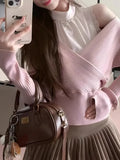 Vevesc Fake Two Piece Pink Sweet Knitted Tops Women Autumn New Slim Fit Pullovers Y2k Long Sleeve Patchwork Sweater Mujer