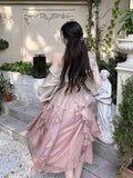 Vevesc summer French Vintage Evening Party Midi Dress Women Pink Korean Style Sweet Dress Female Bubble Sleeve Elegant Fairy Dress