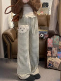 Vevesc New Kawaii Fleece Dog Wide Leg Casual Striped Straight Drawstring Pants High Waist Women Japanese Preppy Style Pant Y2k