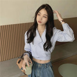 Vevesc Streetwear Striped Shirts Women Vintage Bandage Long Sleeve Crop Tops Spring Korean Fashion Elegant Casual Chic Blouses