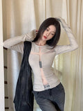 Vevesc Harajuku Gauze Patchwork Grunge Shirt Y2k Aesthetic Bodycon Sexy See Through Fairy Tshirt Women Streetwear Vintage Tops Autumn