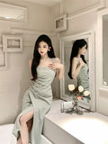 Vevesc  Evening Dresses Women Sleeveless Sexy Square Collar Slim Elegant Split Cocktail Dress Wedding Party Fashion Bridesmaids