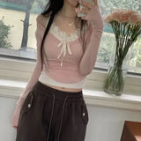 Vevesc Lace Patchwork Ropa Mujer Camisetas Fake Two Piece Lace-up Bow Slim Waist Hotsweet Long Sleeve Tshirts Y2k Women Tees Pink