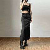 Vevesc Women Midi Skirts Goth Dark Grunge Casual Tag Split Mall Gothic Punk High Raise Slim Long Skirt Y2k Sexy Fashion Streetwear