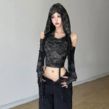 Vevesc Patchwork Retro Trendy Personalized Youth Girls High Street Personality Cool Sexy Women's Hooded Shoulder Short Top