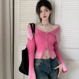 Vevesc Gradient Sexy Off Shoulder Sweaters Women Autumn Slim Fit Double Zipper Knitted Cardigan Y2k E-Girl Long Sleeve Tops Mujer