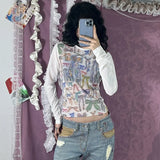 Vevesc Spice Hottie Round Neck Long Sleeve See Through T Shirt Y2K Bow Graffiti Print Slim Fit Long Sleeve T-Shirt For Women