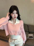 Vevesc Fashion Lapel Neck Slim Fit Knitted Vest Tops Women+ Y2k Long Sleeve Sweaters Mujer Autumn New Black Two Piece Sets