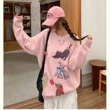 Vevesc Bow Dog Cat Sweet Knitted Pullovers Y2k Sueter Mujer O Neck Women Japanese Cartoon Preppy Style Kawaii Sweaters Oversize