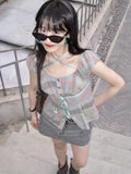 Vevesc Vintage Contrast Color Y2k Aesthetic Plaid Shirt Fashion  Bandage Bow Slim Blouse Streetwear Grunge Blusas Mujer De Moda