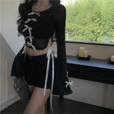 Vevesc American Vintage Black O Nekc Long Flare Sleeve Shirts Side Split Lace Up Design Streetwear Clothing Y2k Aesthetic Punk Tops