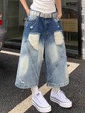 Vevesc Harajuku Vintage High Waist Blue Retro Washed Denim Shorts Women's Fashion Casual Loose Fit Y2K Streetwear Mid Long Short