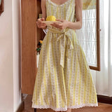 Vevesc  French Floral Print Sleeveless Dress Women Spliced Lace Bandage Waist A-line Long Dresses Summer Fairy Sweet Beach Robe