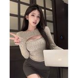 Vevesc Streetwear Cropped Sweater Women Sexy Hollow Out Knitted Pullovers Y2K Club Korean Zipper Knitwear Long Sleeve Slim Jumper