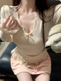 Vevesc Lace Patchwork Sweet Grunge Tops Harajuku Autumn Flare Sleeve Harajuku Bottoming T Shirt Y2k Aesthetics Sexy Bow Clothes E-girl