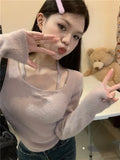 Vevesc Harajuku Solid Cropped Knitted Sweater Women 2024 Spring Autumn Square Collar Long Sleeve Y2k Korean Tight Slim-fit Jumper Tops