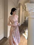 Vevesc  Chinese Style Light Pink Cheongsam Dress Women Elegant Floral Print Party Dress Summer Short Sleeve Stand Collar A Line Chipao