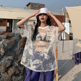 Vevesc Japanese O-neck Oversize Tee Shirt Summer Sexy See Through Mesh Lace T-shirt Y2k E-Girl Short Sleeve Bottoming Tops Women