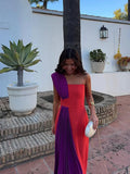 Vevesc  Fashion Patchwork Color Collision Dresses Chic Off Shoulder Sleeveless Pleated Robes New Female Summer Vacation Beach Vestidos