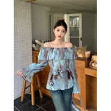 Vevesc Vintage 90S Tie Dye Shirts Women Sexy Slash Neck Flare Long Sleeve Blouses Summer Korean Elegant 3D Flower Casual Tops New