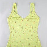 Vevesc  Yellow Floral Print Summer Vacation Beach Dresses For Women Sleeveless V Neck Elegant Sexy Boho Mermaid Dress