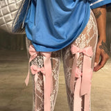Vevesc Bow Tie See Through Lace Flare Pants Street Wear Bottoms Women Y2k Fashion Sexy White High Waisted Pants