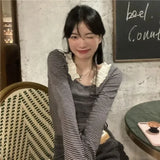 Vevesc Elegant Chic Women Short Tees Slim Fit Striped Long Sleeve Tops Tshirts Y2k Korean Sweet O Neck Edible Tree Fungus
