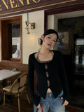 Vevesc Vintage Lazy Leopard Print Camisole Vest Slim Fit Long Sleeve Hollow Out Black Cardigan 2024 Autumn New Two Piece Sets Tshirt