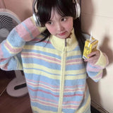 Vevesc Y2K Striped Knitted Cardigan Women Vintage Oversized Sweater Coat Korean Aesthetic Long Sleeve Jumpers Loose Knitwear Tops