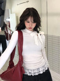Vevesc White Bow Lace Up Sweater for Women Autumn Winter New Bottoming Knitted Pullover Thin Long Sleeve Slim Fit Tops Mujer