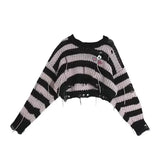 Vevesc Short Length Striped Black Pink Sweaters Women V-Neck Y2k Knitted Loose Crop Tops Pullovers Long Sleeve High Waist Sueter Mujer