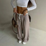 Vevesc  Simple Fake Two Loose Wide Leg Pants Spring and Summer Women Fashion High Waist Lace Up Design Interview Office Casual Pants