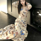 Vevesc Fashion Vintage Butterfly Dress for Women Summer New Slim Fit Ruched Dresses Y2k Kpop Lobng Sleeve Vestidos Mujer