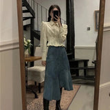 Vevesc Vintage Folds Shirts Women Korean Ruffles Puff Long Sleeve Crop Tops Streetwear Preppy Slim All Match Blouses Spring New