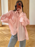 Vevesc  Summer Ruffled Loose Shirts Cardigan For Women Lapel Long Sleeve Casual Solid See-Through Blouse Female Pleated Shirts New