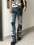 Vevesc American Vintage Washed Skull Leopard Print Micro-flare Jeans Fashion High Street Hot Girl Micro-flared Pants Y2k Trousers